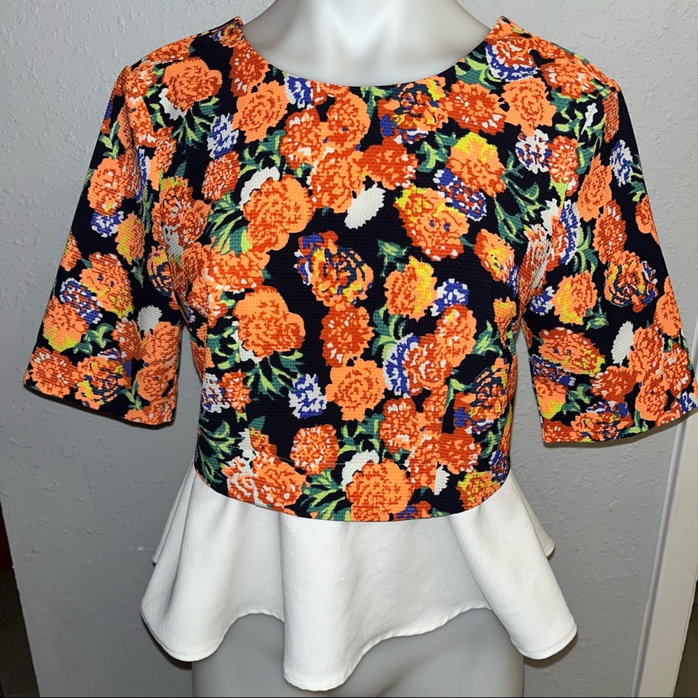 Dance & Marvel Navy Floral Orange Peplum Blouse